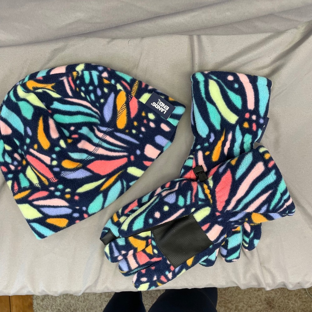 Lands End Kids Fleece Hat and Gloves Set Multi-Color Abstract Print Blue Large‎